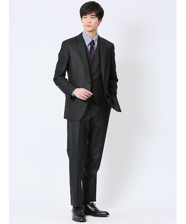 光沢ウール混 スリムフィット 2ボタン3ピーススーツ 千鳥黒