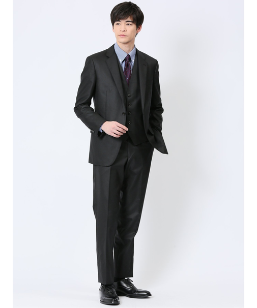 光沢ウール混 スリムフィット 2ボタン3ピーススーツ 千鳥黒