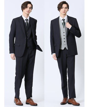 ストレッチウォッシャブル スリムフィット 2ボタン3ピーススーツ 組織紺