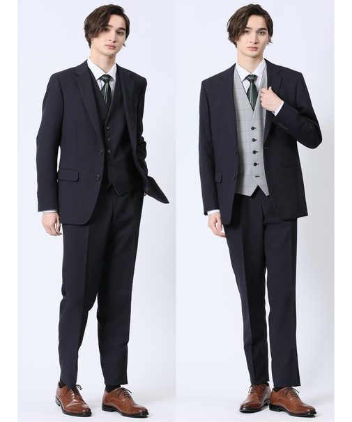 ストレッチウォッシャブル スリムフィット 2ボタン3ピーススーツ 組織紺
