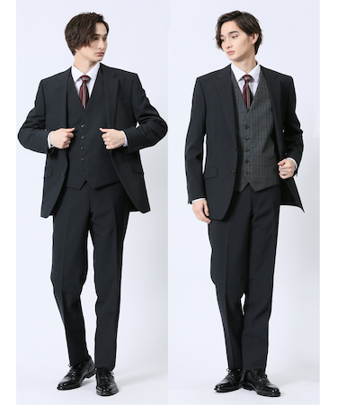 ストレッチウォッシャブル レギュラーフィット 2ボタン3ピーススーツ シャドーストライプ黒