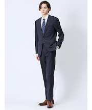 ウール混 スリムフィット 2ボタン2ピーススーツ チェック紺