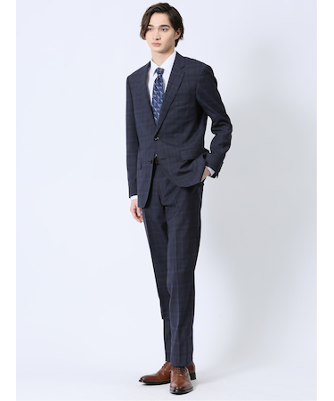 ウール混 スリムフィット 2ボタン2ピーススーツ チェック紺