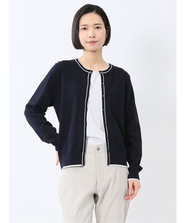 快適機能 配色クルーネック ニットカーディガン