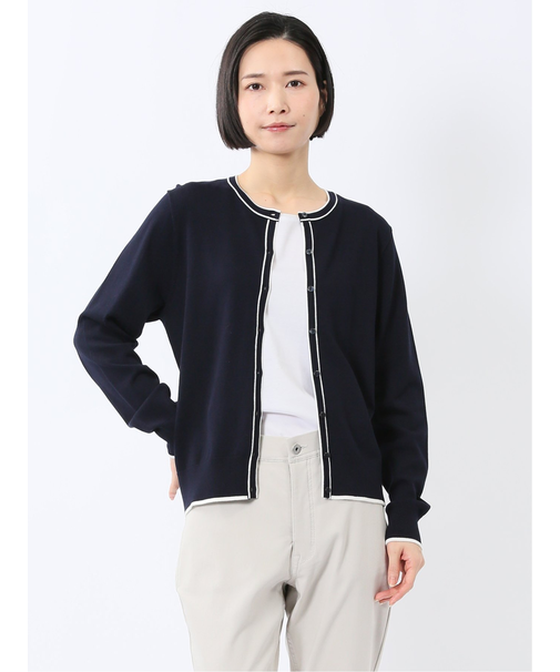 快適機能 配色クルーネック ニットカーディガン