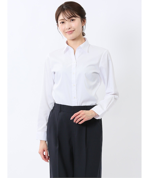 嬉しい機能 スキッパー長袖シャツ 白