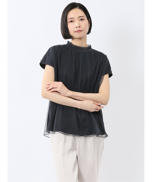 チュール ギャザーネック半袖プルオーバー