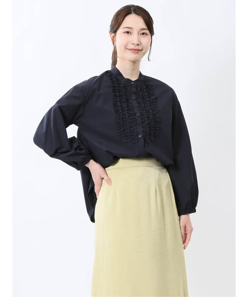 ブロード バンドカラー フリル長袖ブラウス