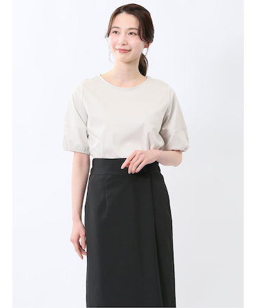 綿スムス クルーネック パフギャザーTシャツ