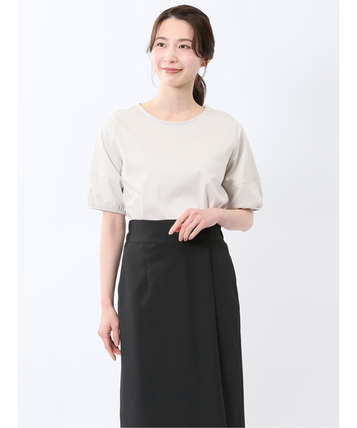 綿スムス クルーネック パフギャザーTシャツ