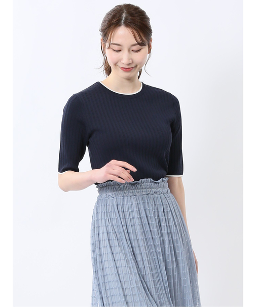 快適機能 配色リブ クルーネック 半袖ニット