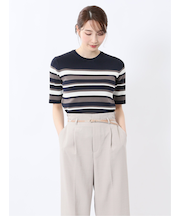 快適機能 ボーダークルーネック 半袖ニット