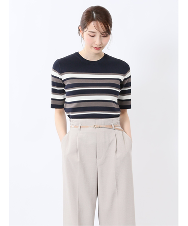 快適機能 ボーダークルーネック 半袖ニット