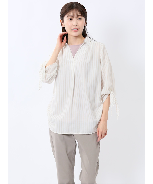 袖リボンかぶり スキッパーシャツチュニック
