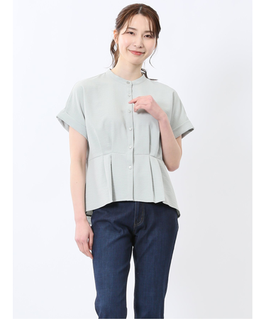 麻調合繊 バンドカラー 半袖ブラウス（セットアップ可能）