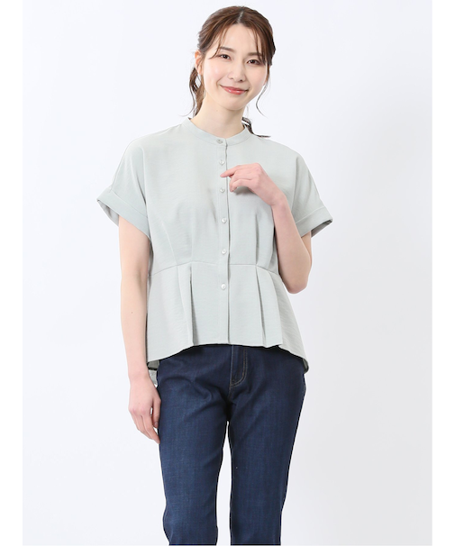 麻調合繊 バンドカラー 半袖ブラウス（セットアップ可能）