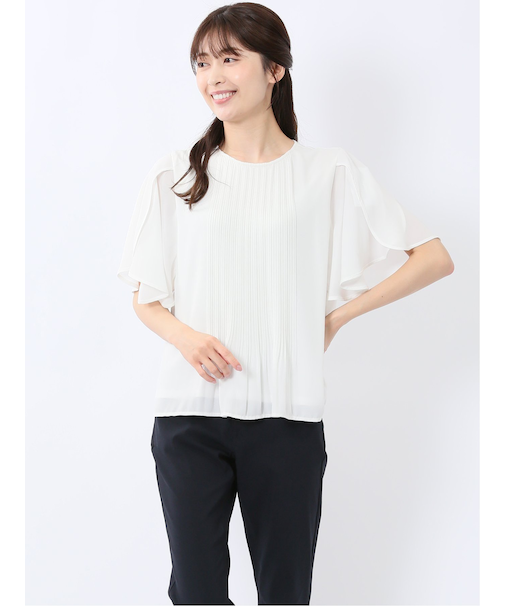 消しプリーツ 半袖プルオーバーブラウス