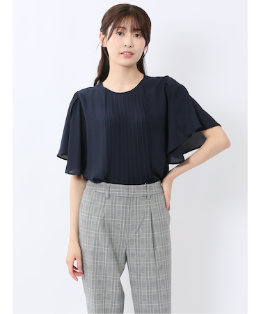 消しプリーツ 半袖プルオーバーブラウス