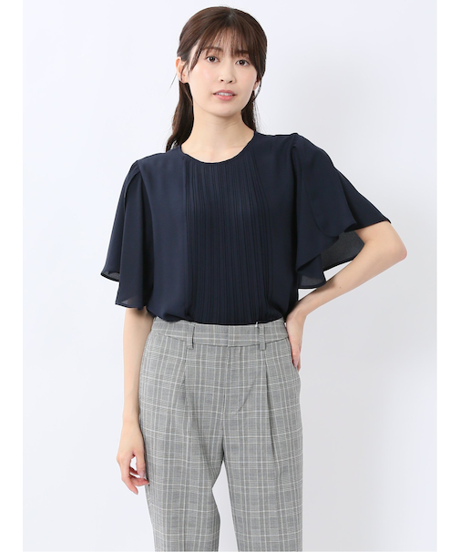 消しプリーツ 半袖プルオーバーブラウス