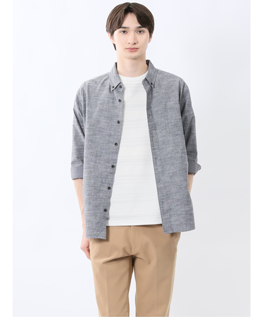 コットンリネン ボタンダウン7分袖シャツ