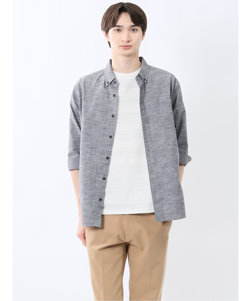 コットンリネン ボタンダウン7分袖シャツ