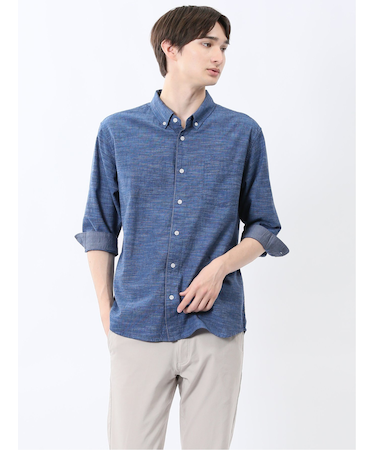 コットンリネン ボタンダウン7分袖シャツ