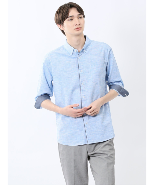 コットンリネン ボタンダウン7分袖シャツ