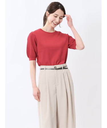 快適機能 透かし編み クルーネック 半袖ニット