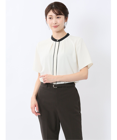 バンドカラーパイピング 半袖比翼ブラウス