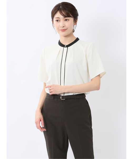 バンドカラーパイピング 半袖比翼ブラウス