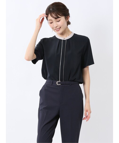 バンドカラーパイピング 半袖比翼ブラウス