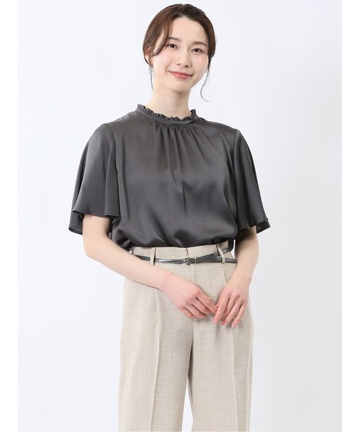 シボサテン ギャザーネック半袖プルオーバーブラウス