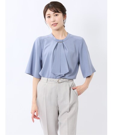 金具付きボウタイ風 半袖プルオーバーブラウス