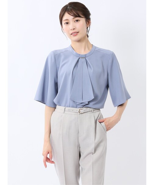 金具付きボウタイ風 半袖プルオーバーブラウス