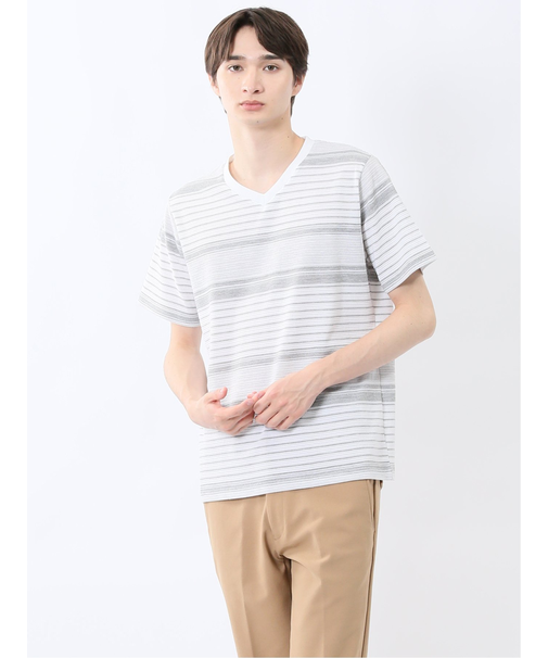 ポップコーンボーダー Vネック半袖Tシャツ