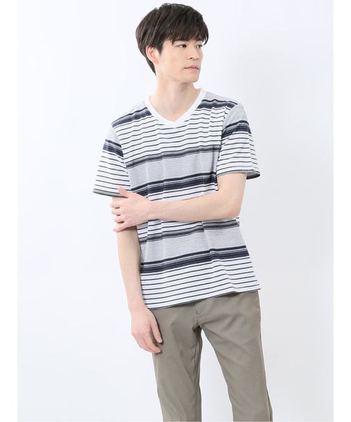 ポップコーンボーダー Vネック半袖Tシャツ