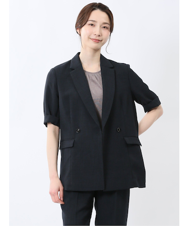麻調合繊 半袖ダブルジャケット 紺(セットアップ可能)