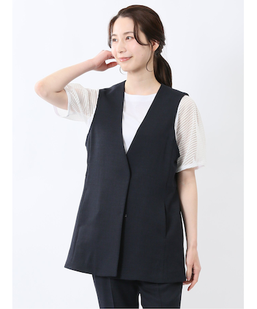 麻調合繊 ペプラム ジレ 紺(セットアップ可能)
