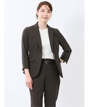 ストレッチウォッシャブル サッカー 1ボタン7分袖ジャケット こげ茶(セットアップ可能)