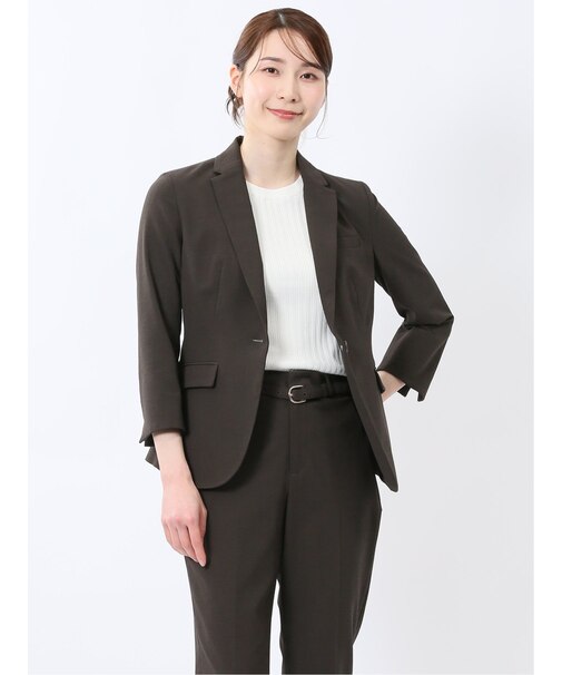 ストレッチウォッシャブル サッカー 1ボタン7分袖ジャケット こげ茶(セットアップ可能)