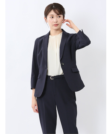 ストレッチウォッシャブル サッカー 1ボタン7分袖ジャケット 紺(セットアップ可能)