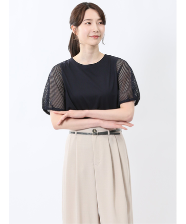 レース切替 クルーネック 半袖プルオーバー