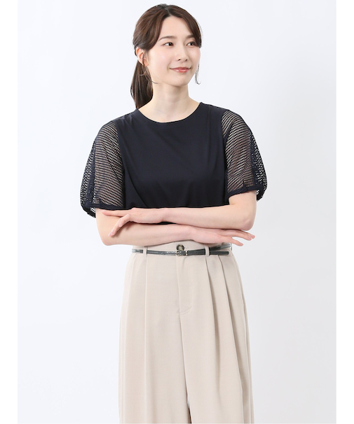 レース切替 クルーネック 半袖プルオーバー