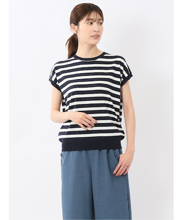 快適機能 ボーダー フレンチ袖 クルーニット