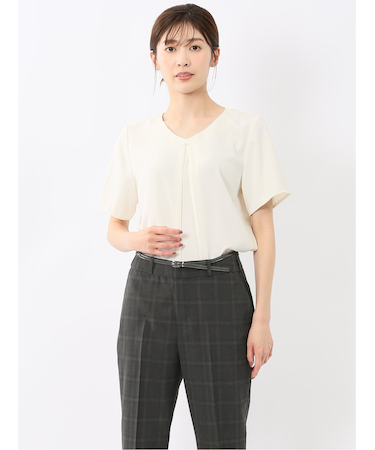 金具付きVネック 半袖プルオーバーブラウス