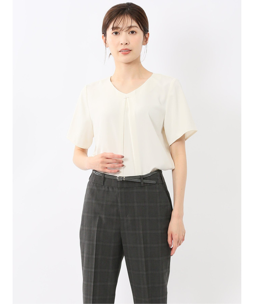 金具付きVネック 半袖プルオーバーブラウス