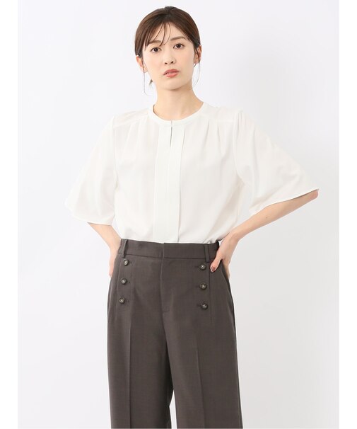 ホック付きクルーネック 半袖プルオーバーブラウス