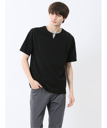 ヘリンボンジャガード キーネック半袖Tシャツ