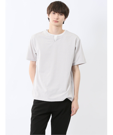 ヘリンボンジャガード キーネック半袖Tシャツ