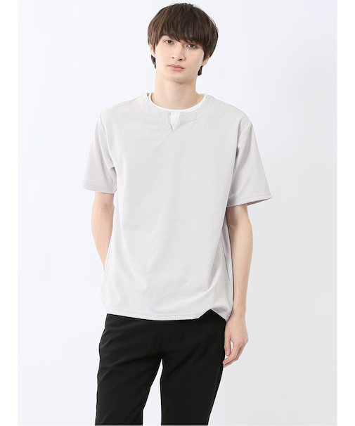 ヘリンボンジャガード キーネック半袖Tシャツ